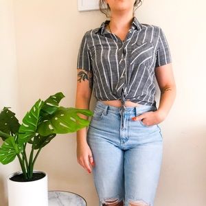 Grey & white striped button up crop